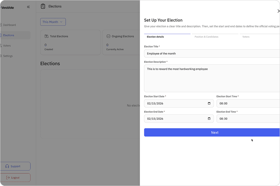 Election setup screen showing positions and candidates.