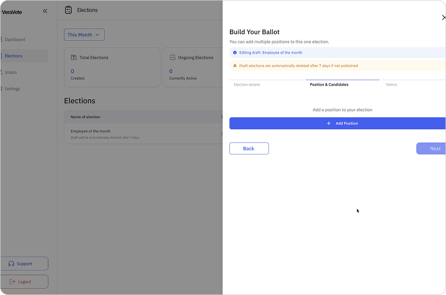 Election setup screen showing positions and candidates.