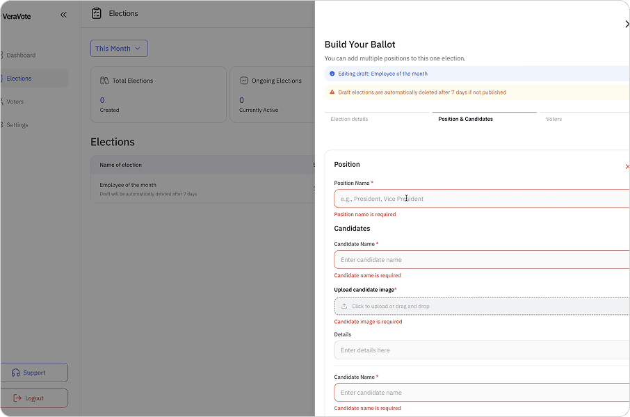 Election setup screen showing positions and candidates.