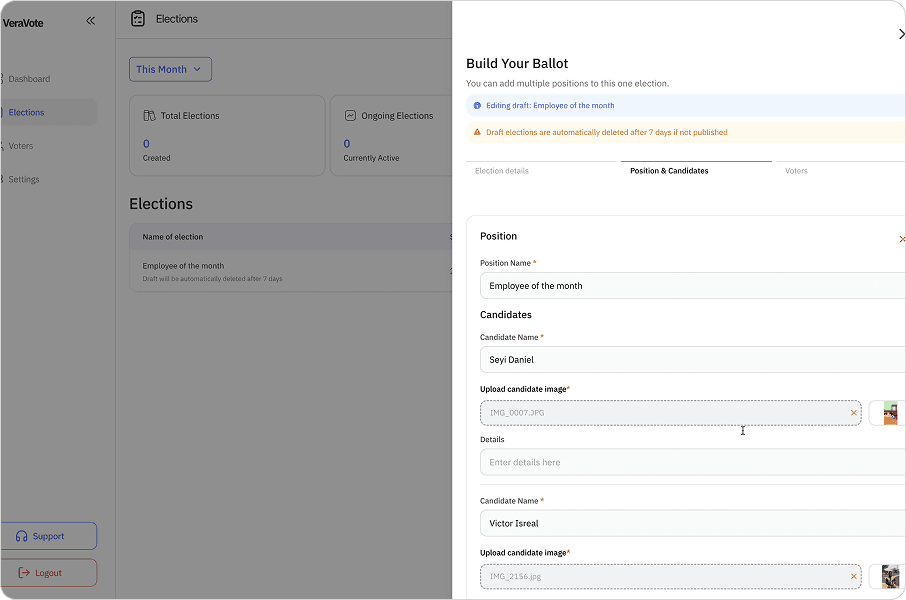 Election setup screen showing positions and candidates.