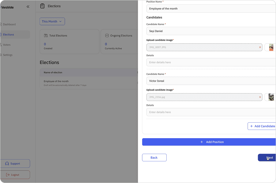 Election setup screen showing positions and candidates.