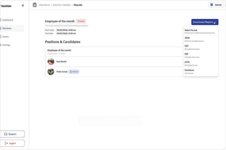 Report generation screen selecting Election Report