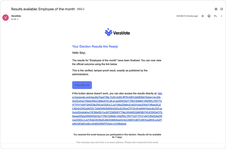 Results breakdown with verification badge.